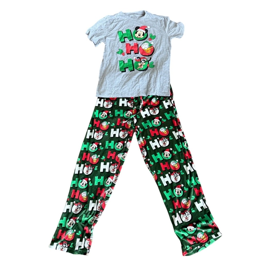 Disney Mickey Mouse Christmas Pajama Set Grey Green Ho Ho Ho Fleece Mens Large